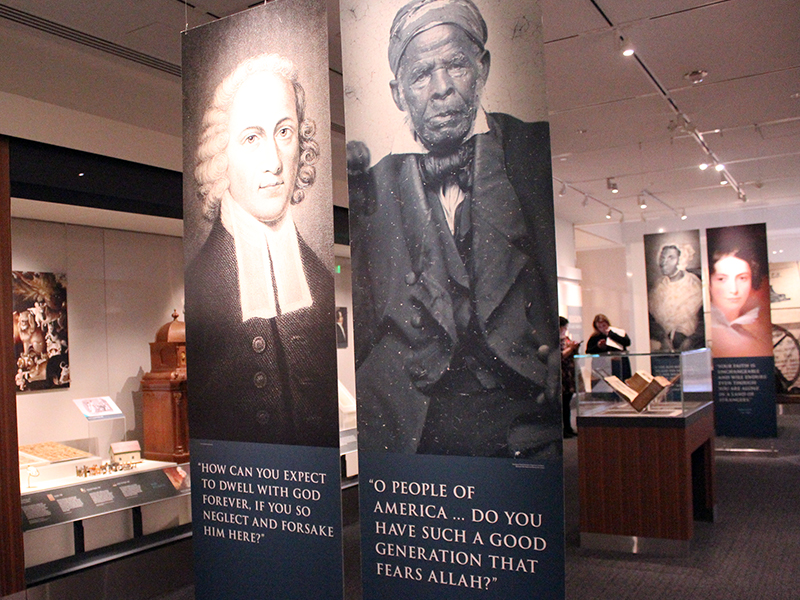 Quotes from Jonathan Edwards, left, and Omar ibn Said in the “Religion in Early America” exhibit at the Smithsonian’s National Museum of American History in Washington, D.C.  RNS photo by Adelle M. Banks