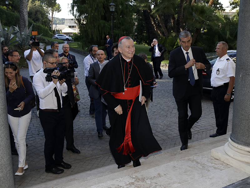 Vatican Secretary of State Cardinal Pietro Parolin arrives at an event where the Bambino Gesu hospital's annual report will be released at the Vatican, Tuesday, July 4, 2017. Photo courtesy of AP/Alessandra Tarantino