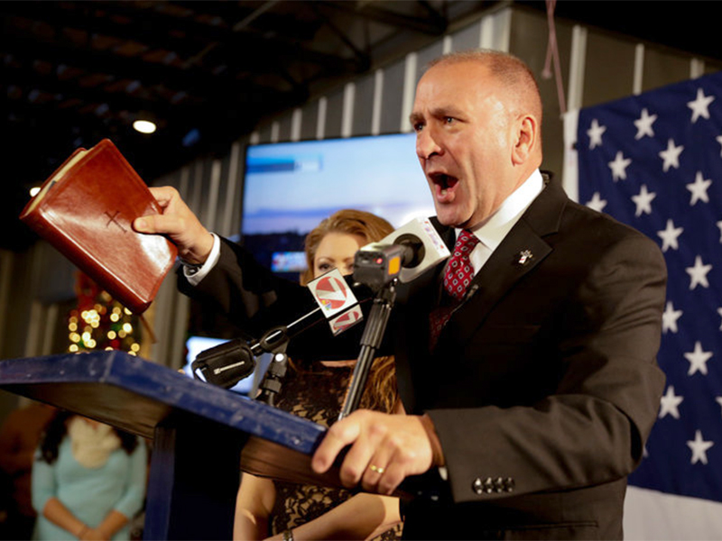 Clay Higgins addressing supporters in Lake Charles, La., after his win on Dec. 10, 2016. Photo by Lee Celano/AP