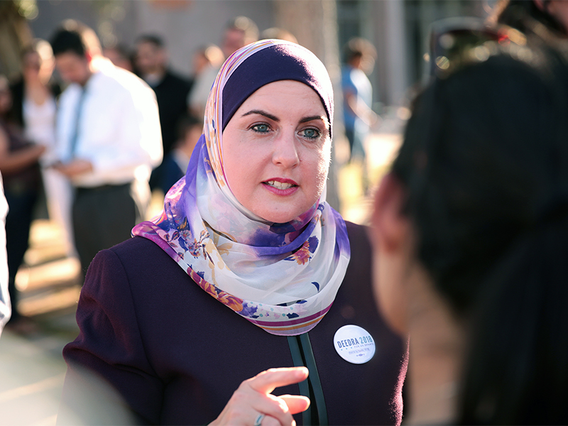 U.S. Senate candidate Deedra Abboud speaks with attendees at a campaign announcement for David Garcia for governor of Arizona at the Arizona Capitol in Phoenix on April 12, 2017.  Photo courtesy of Gage Skidmore/Creative Commons