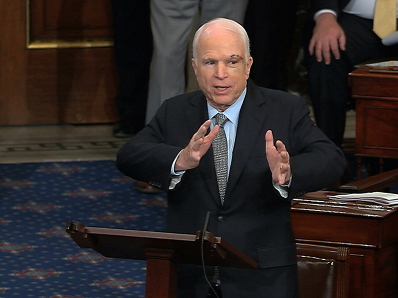Sen. John McCain, R-Ariz., speaks on the floor of the Senate on Capitol Hill in Washington, D.C., on July 25, 2017. McCain returned to Congress for the first time since being diagnosed with brain cancer.  (C-SPAN2 via AP)