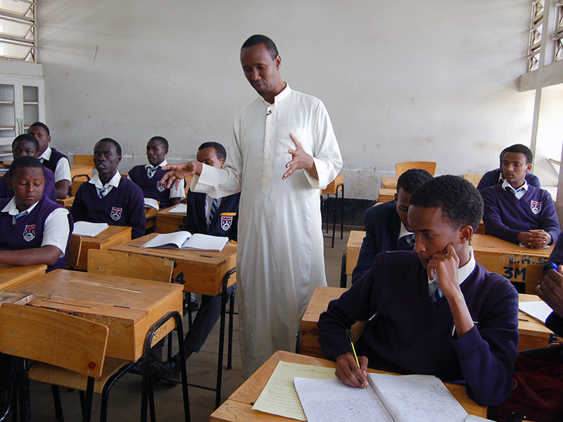 Ayub Mohamud, center, teaches a religious education class at Eastleigh High School in Nairobi, Kenya, on March 2, 2016. Mohamud is the Muslim spiritual affairs patron, but Eastleigh High does not employ a chaplain. RNS photo by Fredrick Nzwili