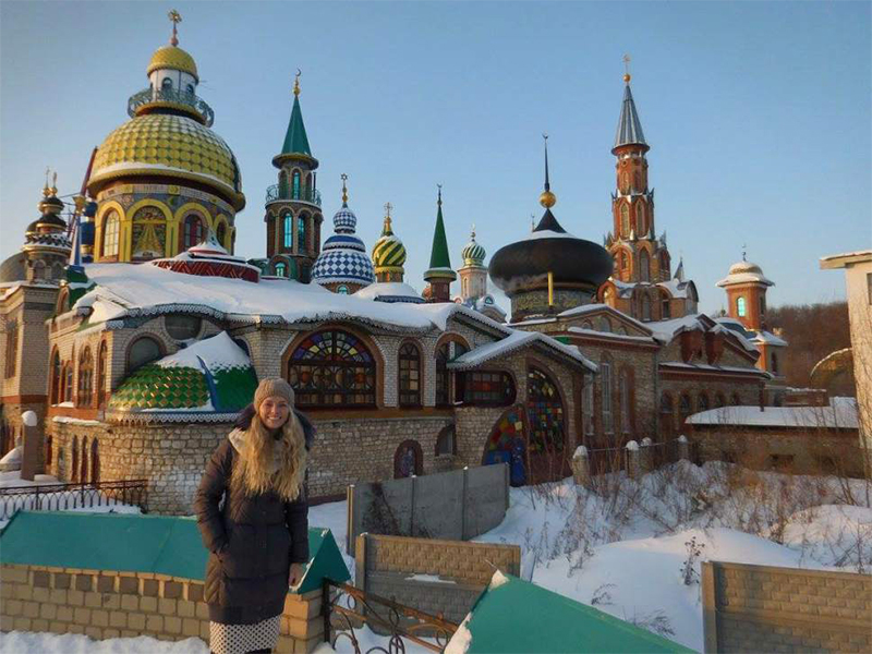 Sariah Warnick at the Church of All Religions in Kazan, Russia. Warnick went to the church during a cultural activity with some nonmembers from the English group.  Photo courtesy of Sariah Warnick