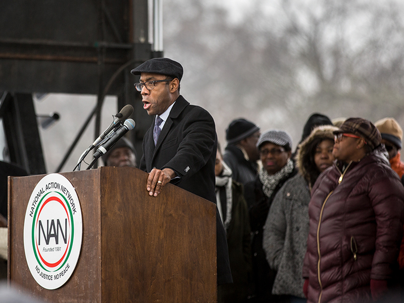 The Rev. Cornell William Brooks, NAACP President and CEO, speaks at the We Shall Not Be Moved Rally in Washington, D.C., on Jan. 14, 2017.  Photo courtesy of Creative Commons/Lorie Shaull