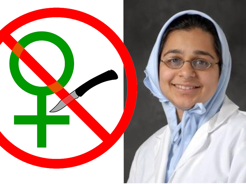 An anti-FGM emblem, left, and Dr. Jumana Nagarwala.  Emblem courtesy of Creative Commons. Nagarwala image courtesy of Henry Ford Hospital
