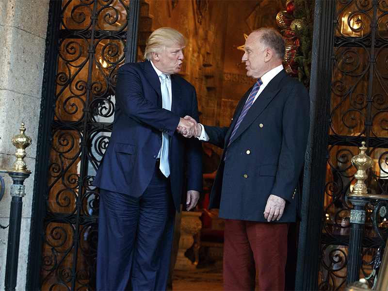 President-elect Trump shakes hands with World Jewish Congress President Ronald Lauder after meeting at Mar-a-Lago on Dec. 28, 2016, in Palm Beach, Fla. (AP Photo/Evan Vucci)