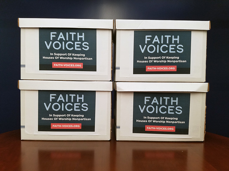 Boxes of letters from clergy who are opposed to repealing the Johnson Amendment, a federal law that bars tax-exempt houses of worship from engaging in partisan politicking, prior to delivery on Capitol Hill. Photo courtesy of Americans United