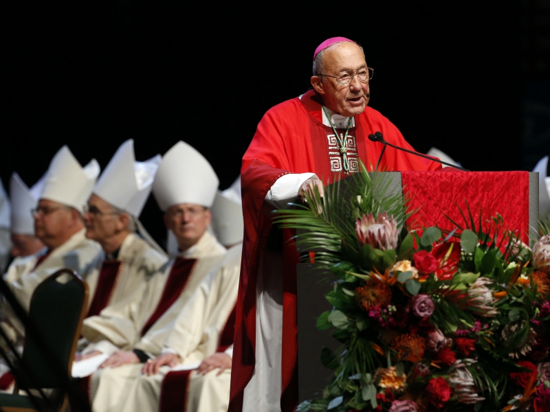 The Rev. Eusebius Beltran, archbishop emeritus of Oklahoma City, reads a biography of the Rev. Stanley Francis Rother at the beatification ceremony of the martyred priest in Oklahoma City on Sept. 23, 2017. Image courtesy of the Archdiocese of Oklahoma City 