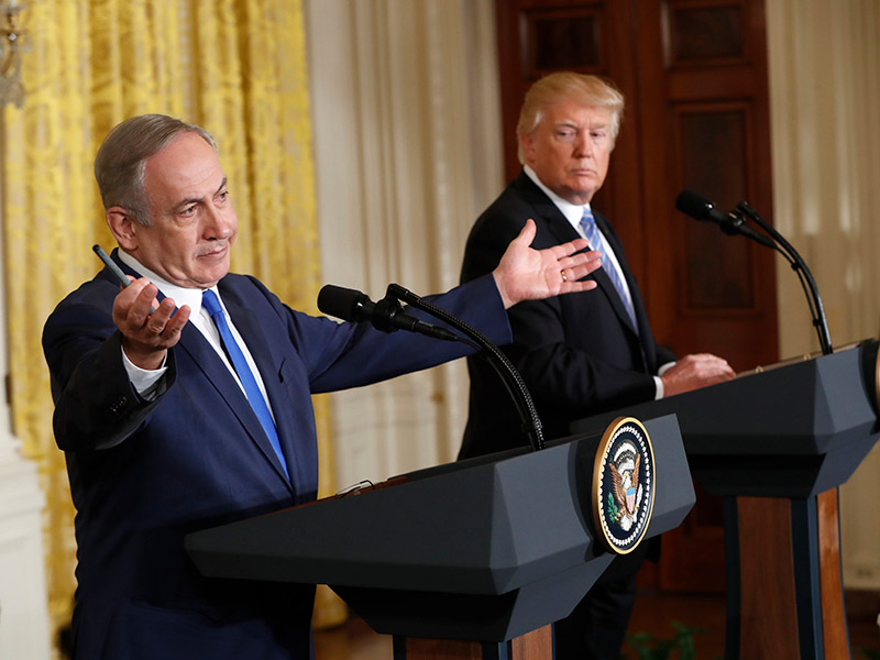 Israeli Prime Minister Benjamin Netanyahu, left, and President Trump give a joint news conference in the East Room of the White House in Washington on Feb. 15, 2017. (AP Photo/Pablo Martinez Monsivais)