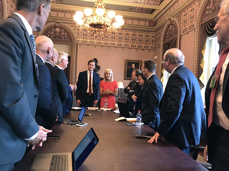 Jared Kushner, middle left, senior adviser to the president, stops by a White House listening session with pastor Paula White, middle right, and other evangelical leaders, hosted by the Office of Public Liaison on July 27, 2017.  Others present include Johnnie Moore, Jennifer Korn, Ronnie Floyd, Mac Brunson, Jack Graham, Greg Laurie and Skip Heitzig. Photo courtesy of Johnnie Moore