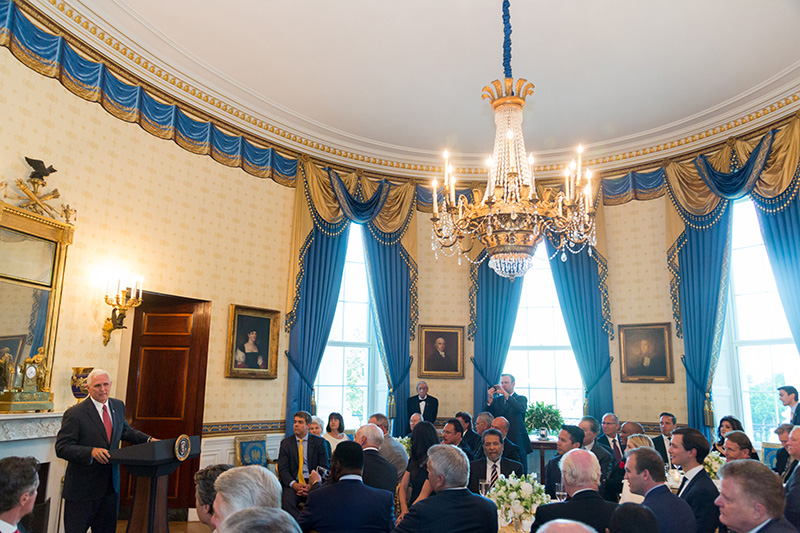 Vice President Mike Pence delivers remarks during a dinner with religious leaders on May 3, 2017, in the Blue Room of the White House in Washington, D.C. (Official White House photo by Shealah Craighead)