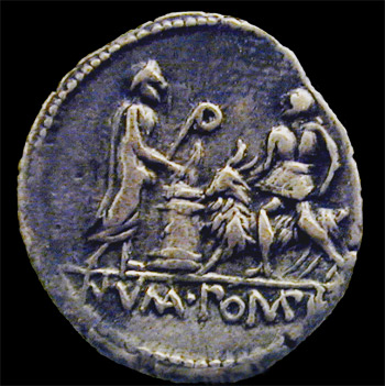 Roman coin from 97 BCE showing Numa about to sacrifice a goat
