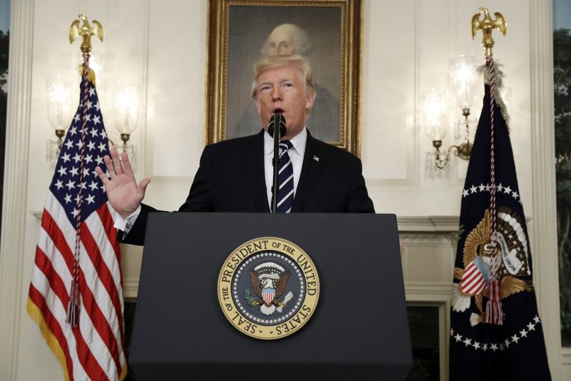 President Donald Trump makes a statement about the mass shooting in Las Vegas on Oct. 2, 2017, at the White House in Washington. (AP Photo/Evan Vucci)


