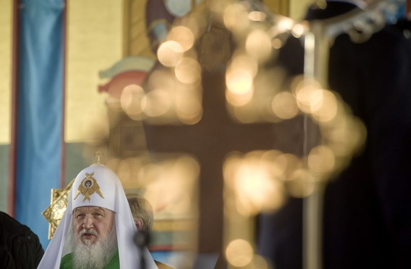 The head of the Russian Orthodox Church Patriarch Kirill speaks at the Romanian patriarchal cathedral in Bucharest, Romania, Thursday, Oct. 26, 2017. Russian Orthodox patriarch of Moscow Kirill arrives in Romania as the first visit by the head of the powerful Russian church since communism ended. (AP Photo/Andreea Alexandru)