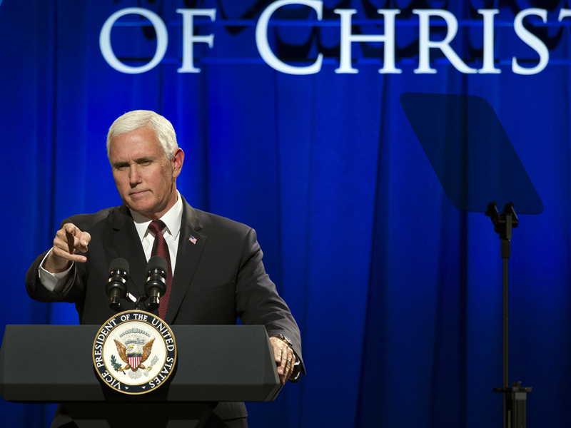 Vice President Mike Pence addresses the In Defense of Christians' fourth-annual national advocacy summit in Washington, Wednesday, Oct. 25, 2017. (AP Photo/Cliff Owen)