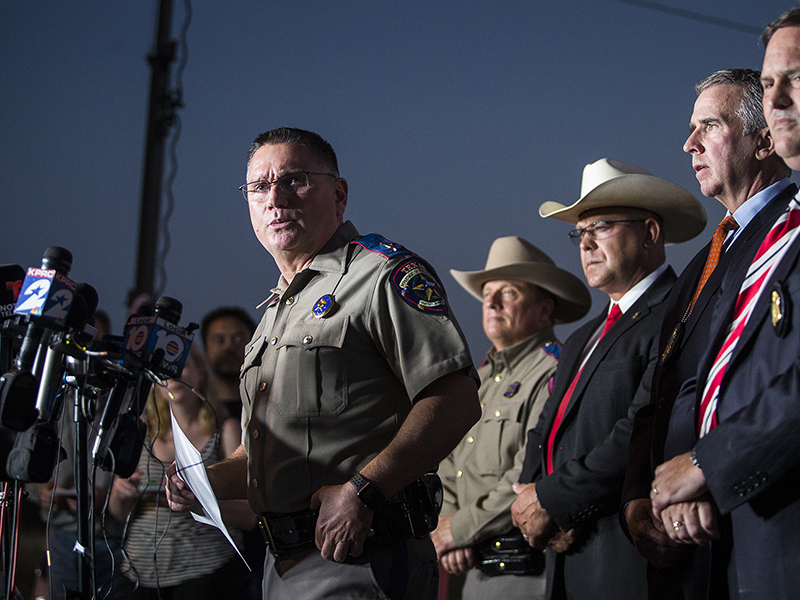 Texas Department of Public Safety Regional Director Freeman Martin provides information Nov. 6, 2017, to media members about the fatal shooting the day before at the First Baptist Church in Sutherland Springs. (Nick Wagner/Austin American-Statesman via AP)
