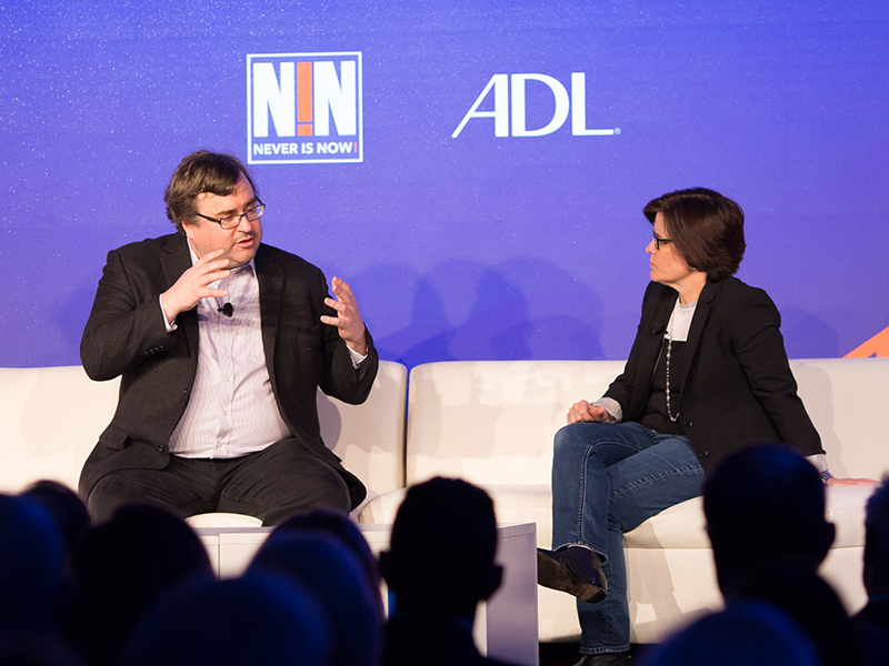 Reid Hoffman, co-founder and executive chairman of Linkedin, speaks with Kara Swisher, executive editor of Recode, at the ADL's Never Is Now conference in San Francisco on Nov. 14, 2017. Photo courtesy of the ADL