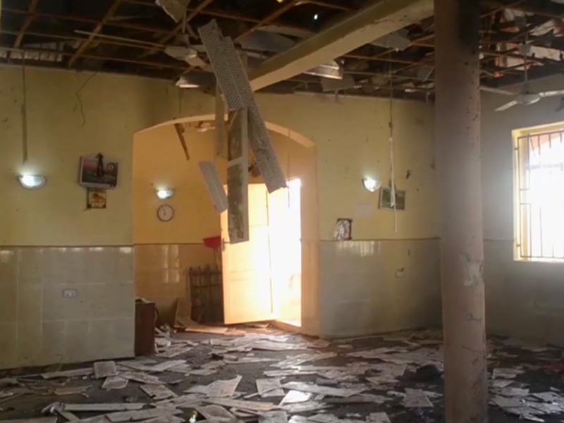 This image taken from TV, shows the interior of a mosque after a deadly attack by a suicide bomber, in Mubi, Adamawa State, Nigeria, Tuesday Nov. 21, 2017.  A teenage suicide bomber detonated as worshippers gathered for morning prayers at a mosque in northeastern Nigeria, killing at least 50 people, police said Tuesday, in one of the region's deadliest attacks in years. (AP Photo)