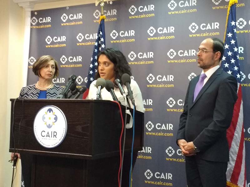 Muslim American and other activists gathered on Capitol Hill on Nov. 29, 2017, to condemn President Trump's retweets hours earlier of videos that purported to show Muslims acting violently. From left, Ilhan Cagri, a fellow at the Muslim Public Affairs Council; Lakshmi Sridaran, director of national policy and advocacy at South Asian Americans Leading Together; and Nihad Awad,  executive director of the Council on American-Islamic Relations. RNS photo by Sharon Samber