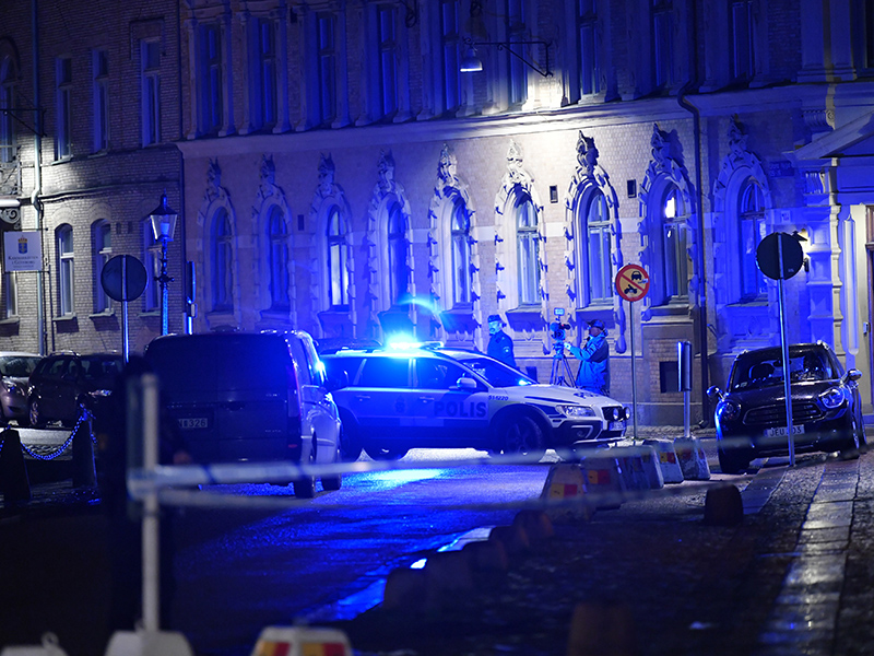A view of a site where a synagogue was attacked in Gothenburg, Sweden, late Saturday Dec. 9, 2017. Three people was arrested for allegedly throwing firebombs at the synagogue. No one was injured in the attack during a youth event at the synagogue and the adjacent Jewish center in Sweden's second-largest city. (Adam Ihse/TT News Agency via AP)