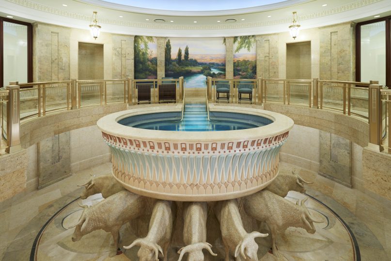 The baptistry in the LDS temple in Phoenix, AZ. Used with permission of the Church of Jesus Christ of Latter-day Saints, Intellectual Reserve, Inc.