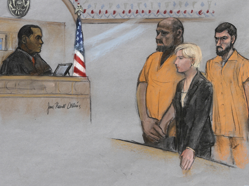 In this June 19, 2015, file courtroom sketch, David Wright, second from left, is depicted standing before Magistrate Judge Donald Cabell, left, with attorney Jessica Hedges, second from right, and Nicholas Rovinski, right, during a hearing in federal court in Boston. Prosecutors will ask the judge on Tuesday, Dec. 19, 2017, in Boston to sentence 28-year-old Wright to life in prison for his role in the plot to kill Pamela Geller. The plot was never carried out. (Jane Flavell Collins via AP, File)