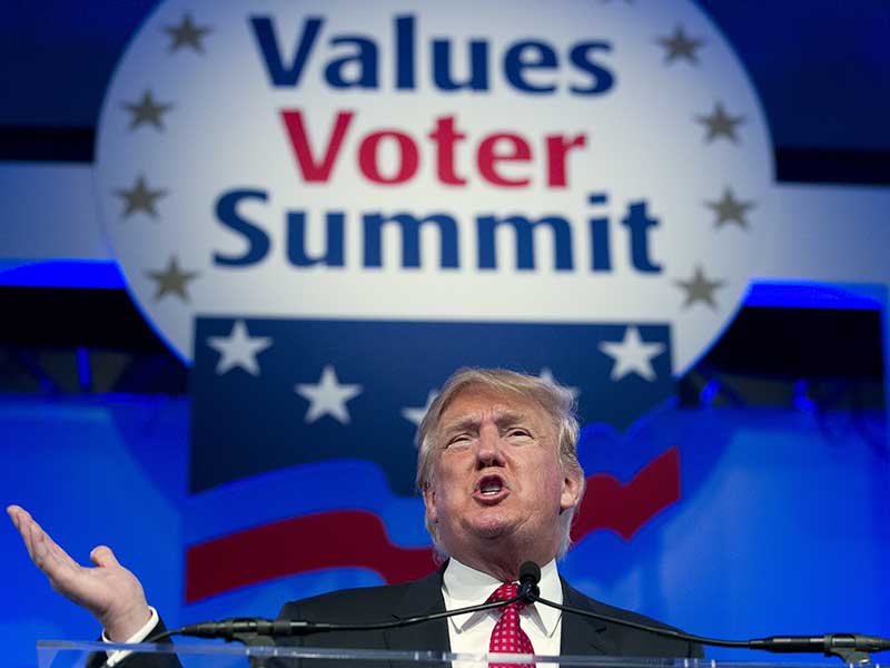 Then-Republican presidential candidate and businessman Donald Trump speaks during the Values Voter Summit, held by Family Research Council Action, on Sept. 25, 2015, in Washington. (AP Photo/Jose Luis Magana; caption amended by RNS)