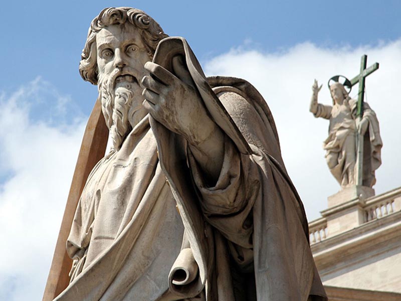 Adamo Tadolini's statue of St. Paul stands in front of St. Peter's Basilica at the Vatican. Photo credit: ‘AngMoKio’, CC BY-SA 2.5, via Wikimedia Commons