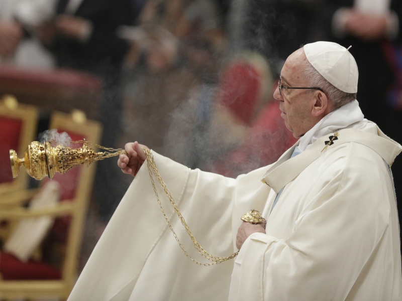 Pope Francis celebrates a New Year's Mass in St. Peter's Basilica at the Vatican, Monday, Jan. 1, 2018. (AP Photo/Andrew Medichini) (Caption amended by RNS)
