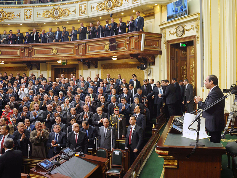 Egyptian President Abdel-Fattah el-Sissi, right, addresses parliament in Cairo, Egypt, on Feb. 13, 2016. (MENA via AP, File)