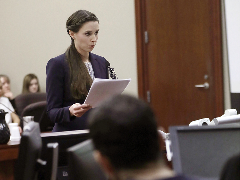 Former gymnast Rachael Denhollander gives her victim impact statement during the seventh day of Larry Nassar's sentencing hearing Wednesday, Jan. 24, 2018, in Lansing, Mich. Nassar has admitted sexually assaulting athletes when he was employed by Michigan State University and USA Gymnastics, which is the sport's national governing organization and trains Olympians. (AP Photo/Carlos Osorio)