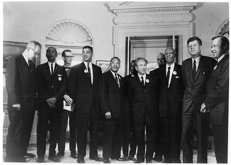 President John F. Kennedy, second from right, met with leaders of the historic March on Washington for Jobs and Freedom in 1963, including Martin Luther King Jr., center. Religion News Service file photo