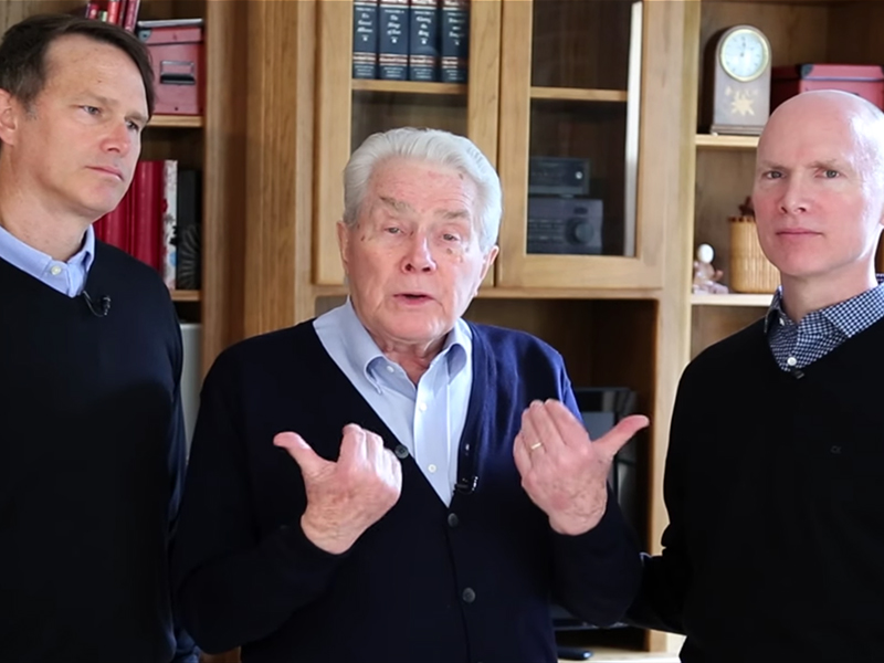 Luis Palau, center, announces his cancer diagnosis via video on his website Palau.org with his sons Andrew, left, and Kevin, right.  Video screengrab
