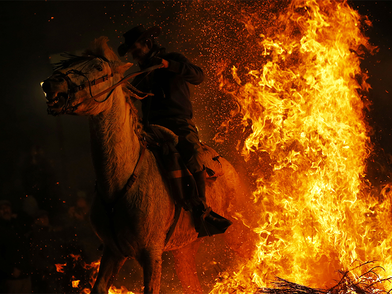 A man rides a horse through a bonfire as part of a ritual in honor of Saint Anthony the Abbot in San Bartolome de Pinares, Spain, on Jan. 16, 2018. On the eve of Saint Anthony's Day, dozens ride their horses through the narrow cobblestone streets of the small village of San Bartolome during the 