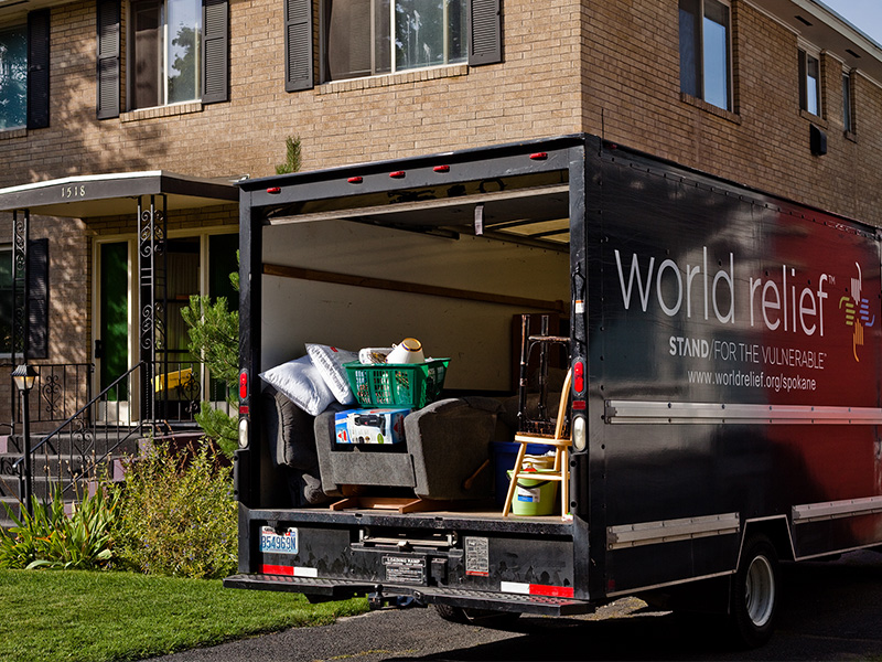 A World Relief moving truck with furnishings for a refugee resettlement home in Spokane. Photo by Viktoriya Aleksandrov/World Relief Spokane