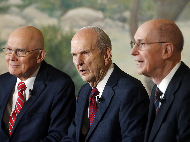President Russell M. Nelson, center, speaks as his counselors Dallin H. Oaks, left, and Henry B. Eyring, right, look on during a news conference announcing his new leadership in the wake of the death of President Thomas S. Monson on Jan. 16, 2018, in Salt Lake City. (AP Photo/Rick Bowmer)
