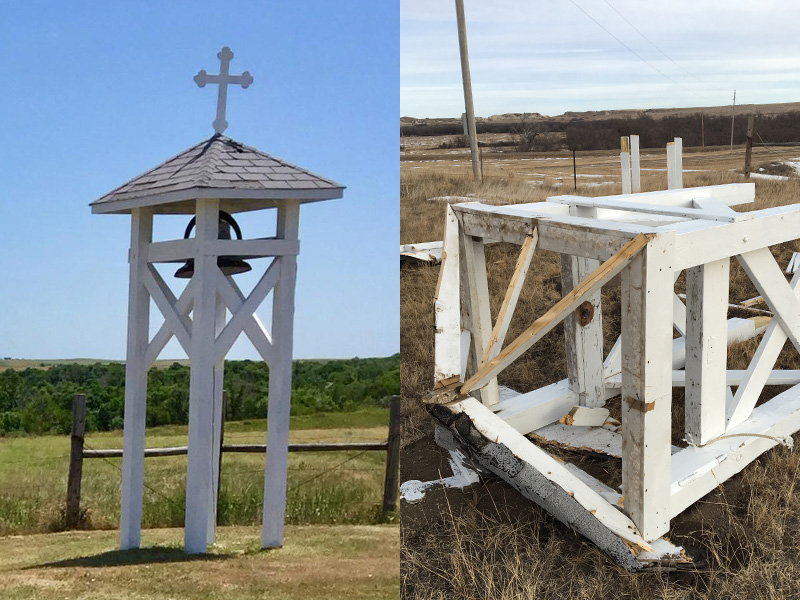 St. Paul’s Episcopal Church’s intact bell tower, left, near Norris, SD, was recently destroyed, right, and the bell was stolen.  Left photo by Carrie Thomas, right photo by Lauren R. Stanley