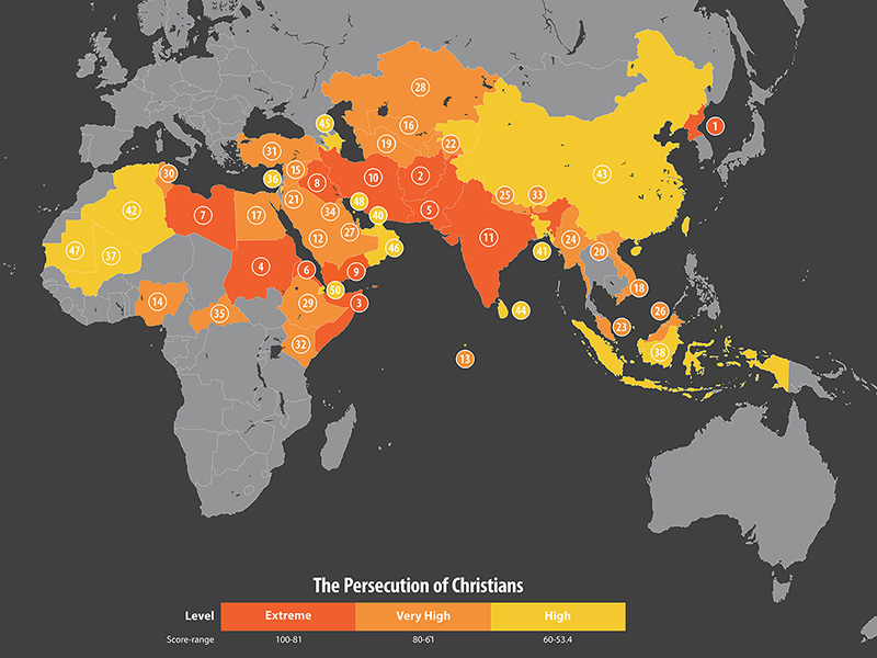 The 2018 World Watch List, compiled by Open Doors, of where Christians are most persecuted.  Map courtesy of Open Doors