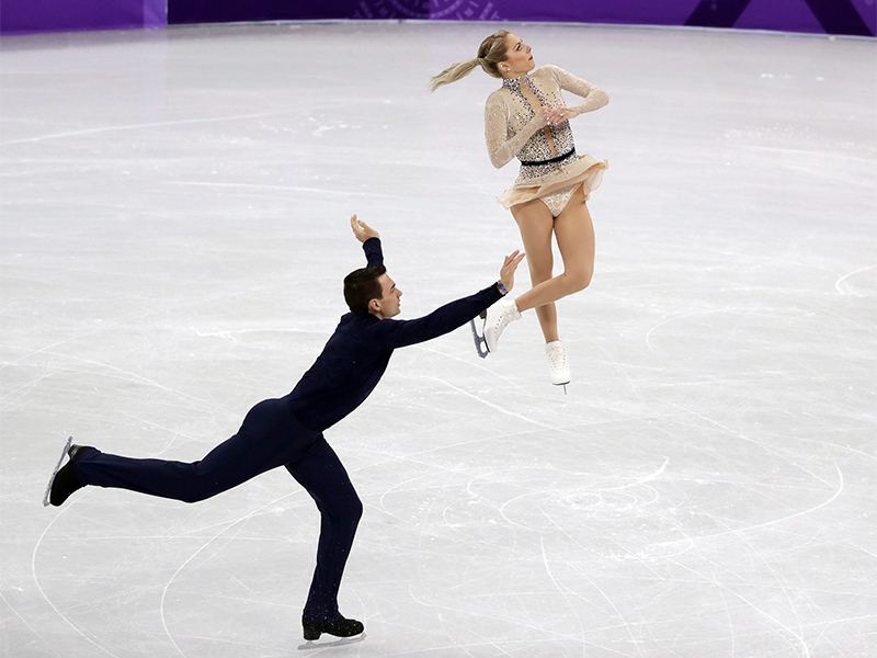 Chris Knierim, left, and Alexa Scimeca Knierim, of Team USA, perform in the pair skating short program team event at the 2018 Winter Olympics in Gangneung, South Korea, on Feb. 9, 2018. (AP Photo/Julie Jacobson; caption amended by RNS)
