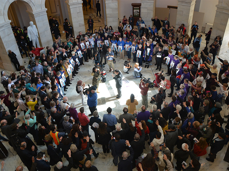 Roughly 200 Catholic demonstrators marched on Capitol Hill to demand congressional action on the Deferred Action for Childhood Arrivals program, with the demonstration ending in the Capitol Rotunda on Feb. 27, 2018. RNS photo by Jack Jenkins