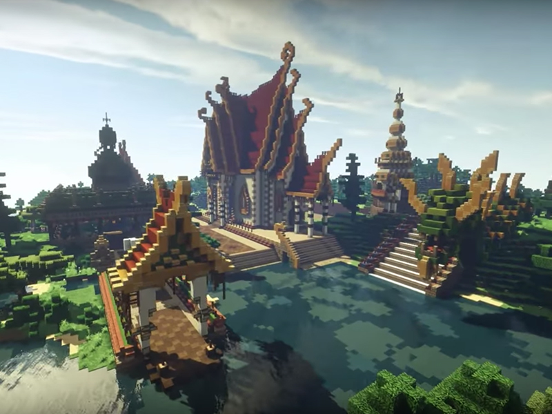A Thai temple complex created in Minecraft.  Screenshot from YouTube