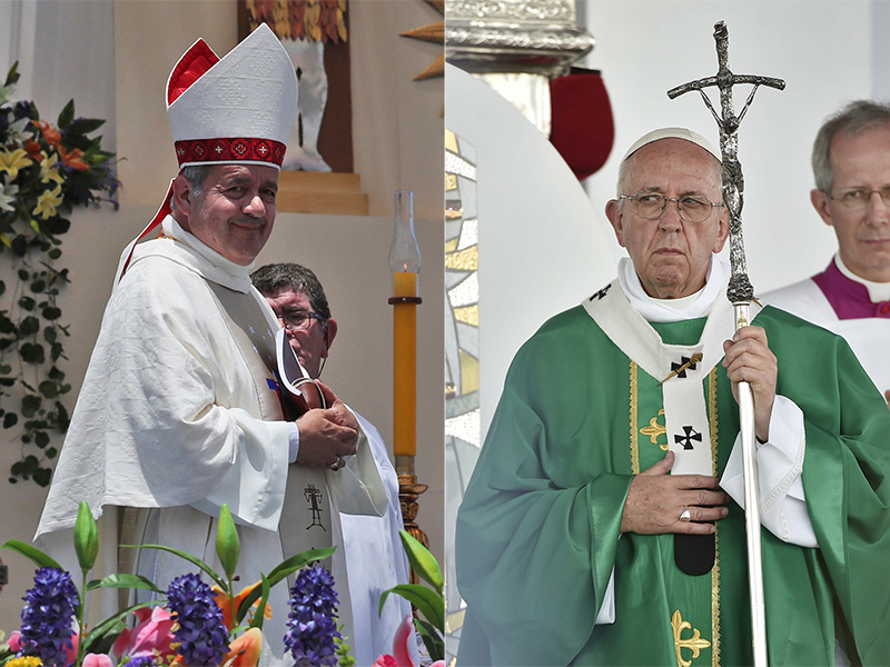 Osorno Bishop Juan Barros, left, in Iquique, Chile, on Jan. 18, 2018. Pope Francis in Lima, Peru, on Jan. 21, 2018. (Left: AP Photo/Alessandra Tarantino; right: L’Osservatore Romano Vatican Media)