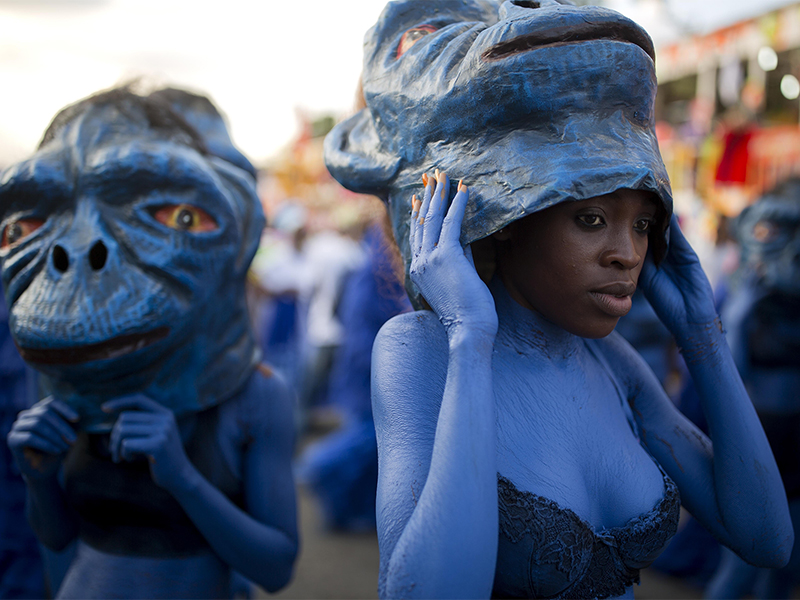 Revelers perform during a Carnival parade in Port-au-Prince, Haiti, on Feb. 12, 2018. (AP Photo/Dieu Nalio Chery)