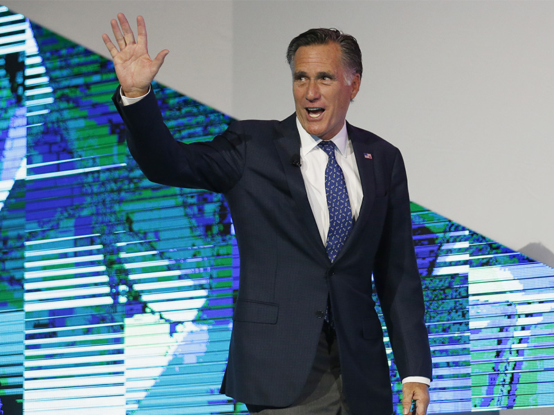 Former Republican presidential candidate Mitt Romney waves after speaking about the tech sector during an industry conference dubbed Silicon Slopes on Jan. 19, 2018, in Salt Lake City. The 70-year-old announced that he is running for the Utah Senate seat being vacated by Republican Orrin Hatch on Feb. 16, 2018. (AP Photo/Rick Bowmer)