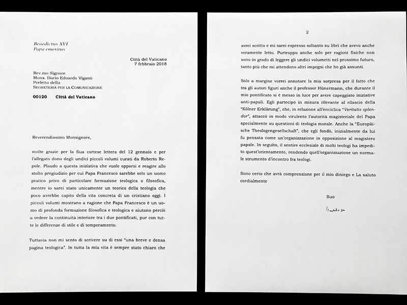 This photo shows a complete copy of a letter by Emeritus Pope Benedict XVI about Pope Francis that the Vatican released March 17, 2018, after coming under blistering criticism for previously selectively citing it in a news release and digitally manipulating a photograph of it. The previously hidden part of the letter, in which the Vatican blurred the final two lines of the letter's first page, provides the real explanation why Benedict refused to provide commentary on a new Vatican-published compilation of books about Francis' theological and philosophical background that was released to mark his fifth anniversary as pope. (AP Photo/Andrew Medichini)