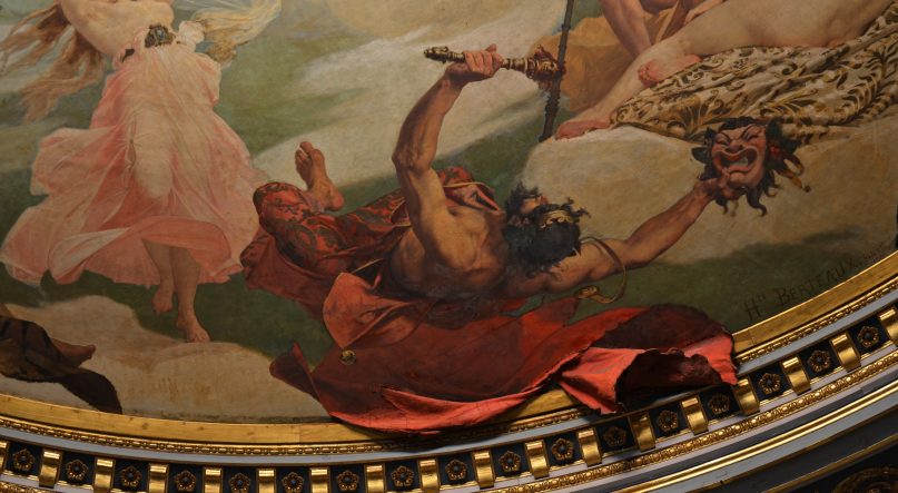 Momus, god of satire and mockery being ejected from Mount Olympus  - Painting by Hippolyte Berteaux on the Théâtre Graslin ceiling- Via Wikimedia Commons (https://commons.wikimedia.org/wiki/File:Nantes_-_Graslin_int_01.jpg)