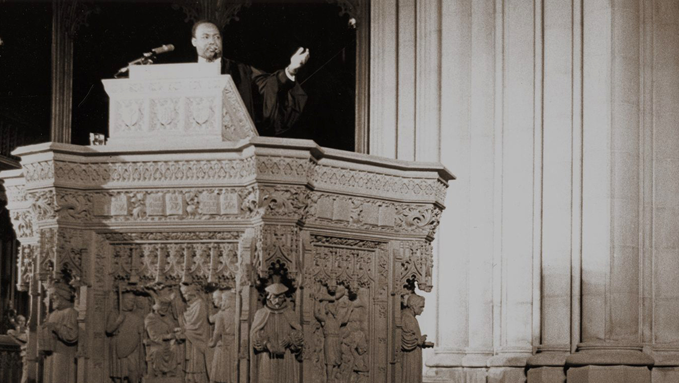 Dr. Martin Luther King Jr., discusses his planned poor people's demonstration from the pulpit of the Washington National Cathedral in Washington, D.C., on March 31, 1968. (AP Photo)