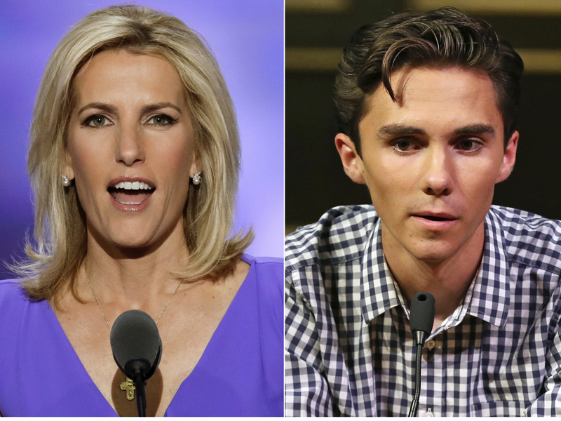 In this combination photo, Fox News personality Laura Ingraham speaks at the Republican National Convention in Cleveland on July 20, 2016, left, and David Hogg, a student survivor from Marjory Stoneman Douglas High School in Parkland, Fla., speaks at a rally for gun legislation in Livingston, N.J., on Feb. 25, 2018. Some big-name advertisers are dropping Ingraham after she publicly criticized Hogg on social media. The online home goods store Wayfair, travel website TripAdvisor and Rachel Ray's dog food Nutrish all said they are removing their support from Ingraham. (AP Photo/J. Scott Applewhite, left, and Rich Schultz)