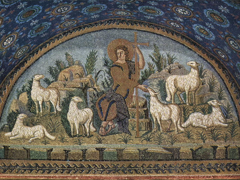 The 5th-century Ravenna, Italy, mosaic illustrates the concept of the Good Shepherd. Image by Ravenna/Creative Commons