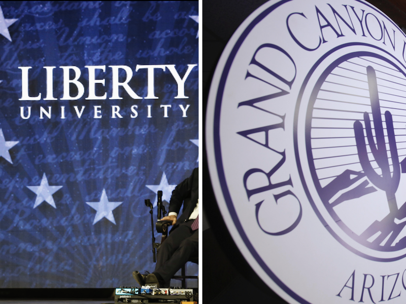 The logos of Liberty University and Grand Canyon University. Composite of AP images by Religion News Service.